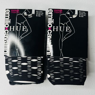 HUE Emilio Cavallini Womens Geo Net Footless Tights Size M/L Black 2 Pairs New